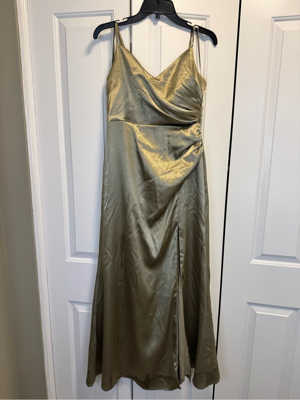 Birdy Grey Sage Green Satin Maxi Slip Dress with Side Ruched Detail